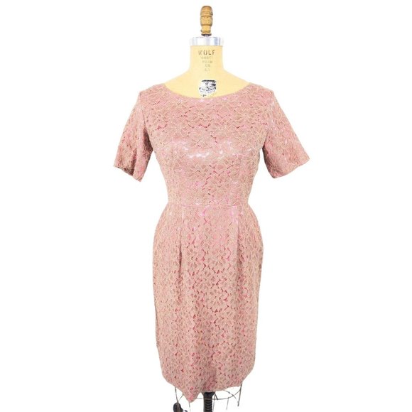 Vintage 50s Lace Cocktail Dress Tan Pink Soutache Sheath | W 26" - Picture 2 of 5